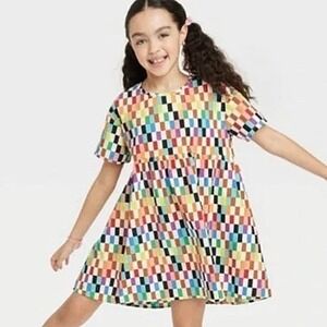 Target x‎ Pride Multicolor Check Dress Girls XL 14 Ivory Rainbow Short Sleeve